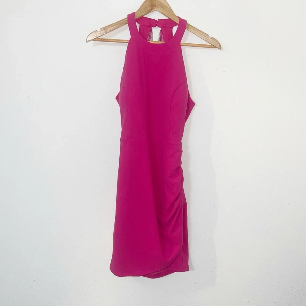 Sincerely Jules hot pink glitter fringe open back high neck mini dress - Picture 1 of 13